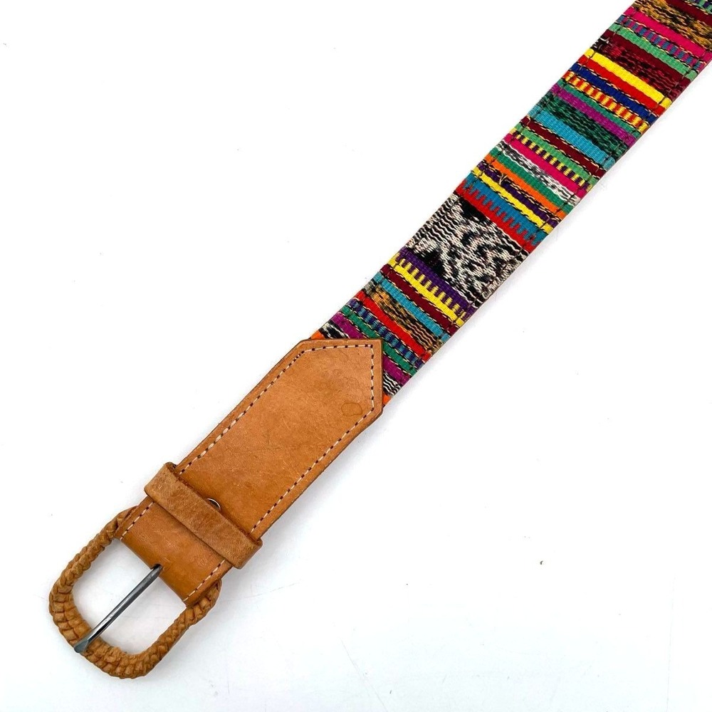 Vintage 90s Men's Multicolor Hand Woven Textile Leather Trim Ethnic Belt Sz 30‎